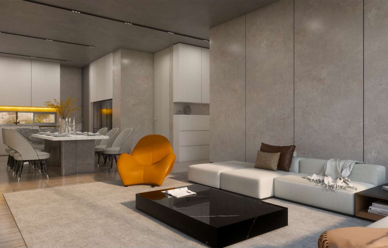 Living and dining space opening onto a hillside view